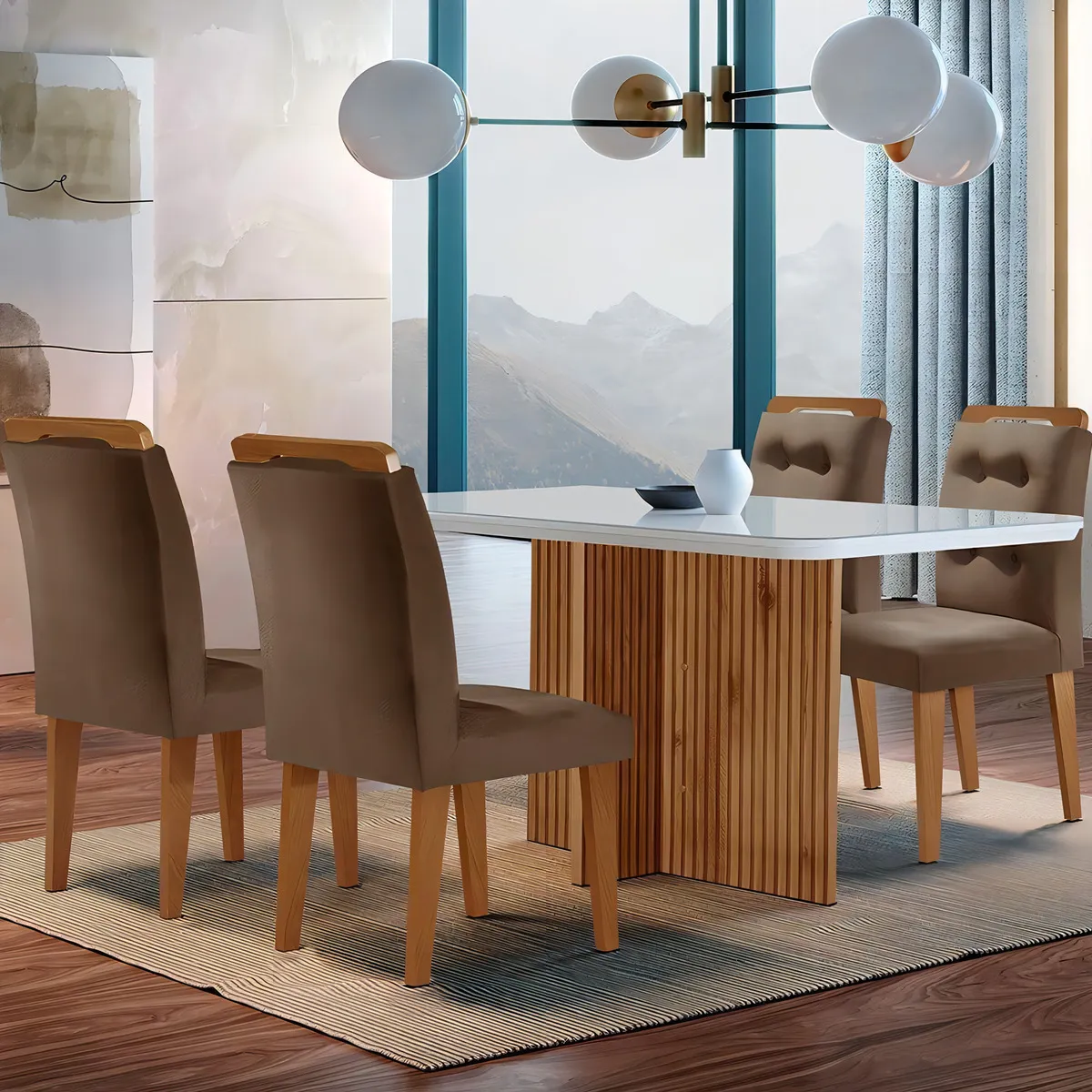 Mesa Olímpia 120cm Mdf Vidro Canto Copo Com 4 Cadeiras Cor Marrom