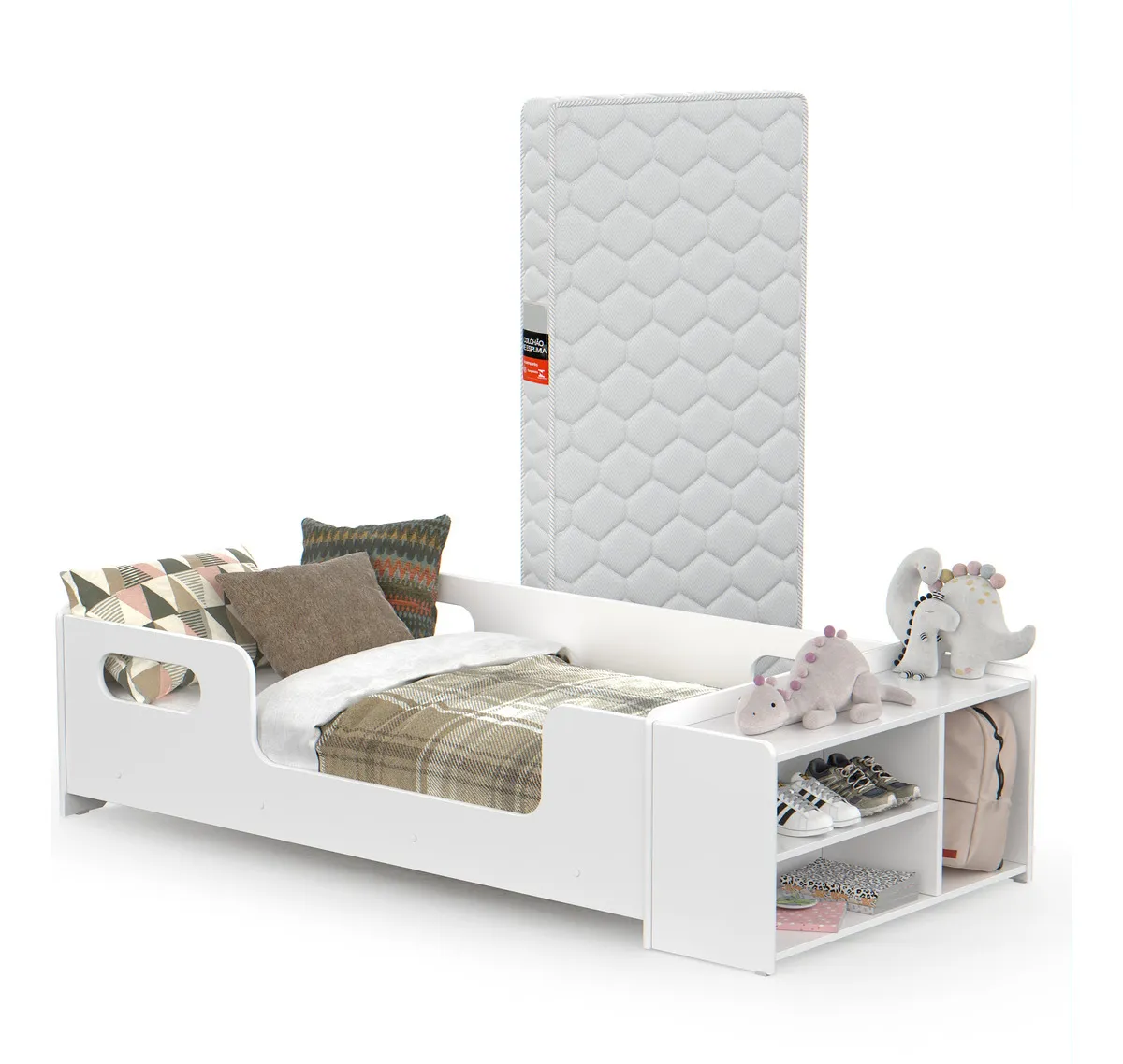 Mini Cama Infantil Montessoriana Com Colchão Juvenil E Sapateira Para Quarto De Criança Menino E Menina Cor Branco