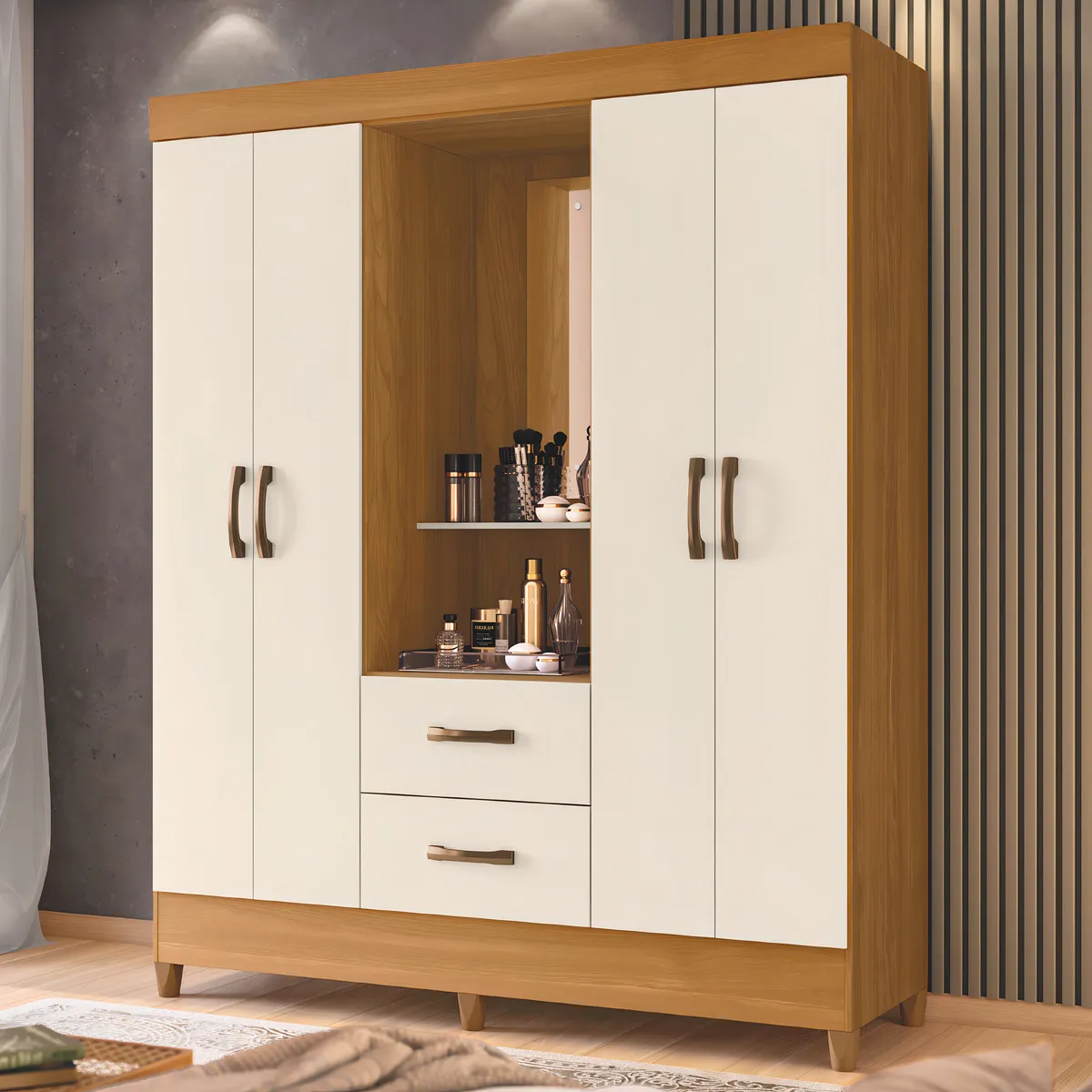 Guarda Roupa Casal Capela Mobi Para Quarto Com Espelho 4 Portas 2 Gavetas Organizadoras