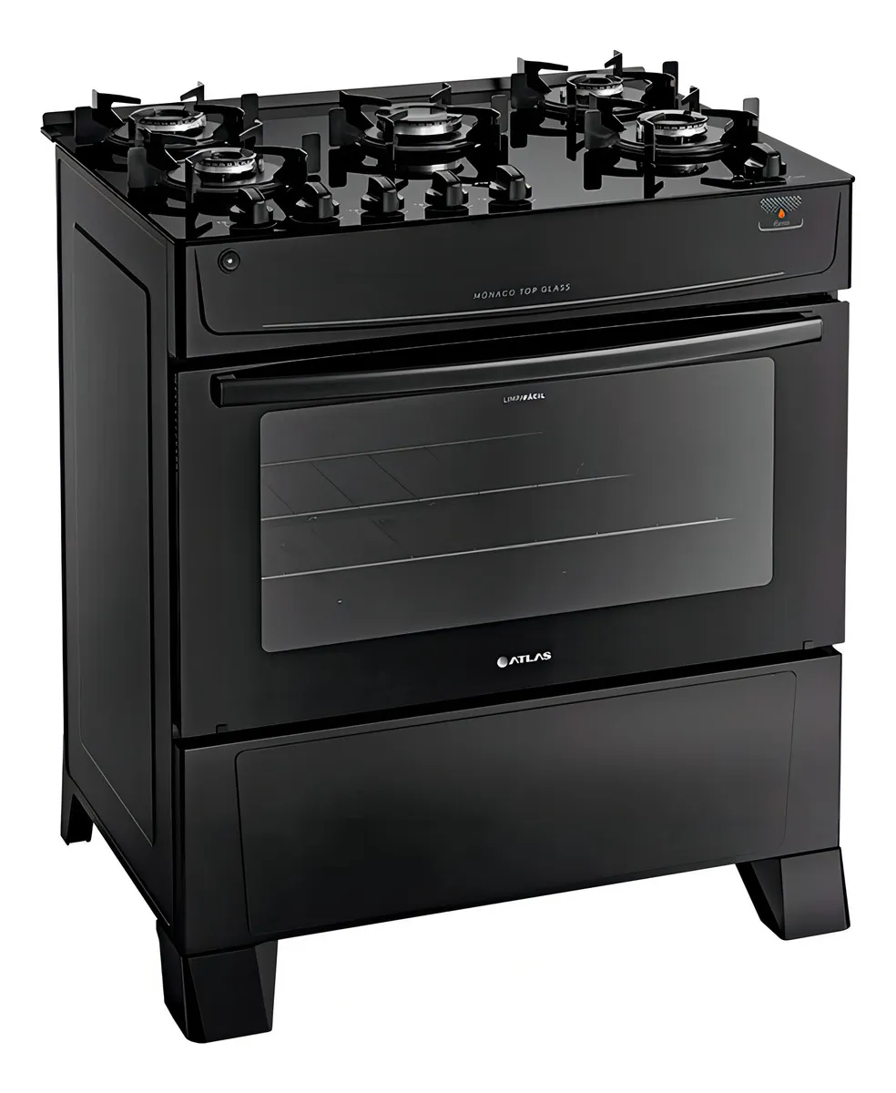Fogão de pé Atlas Mônaco Top Glass 5Q a gás/elétrico 5 queimadores preto 127V/220V porta com visor 86.5L