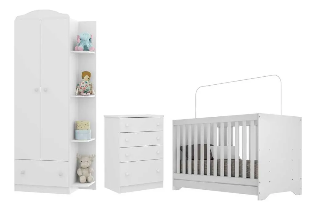 Quarto Infantil Completo João e Maria com Berço 3x1 e Colchão Incluso Multimóveis Branco/Colorido