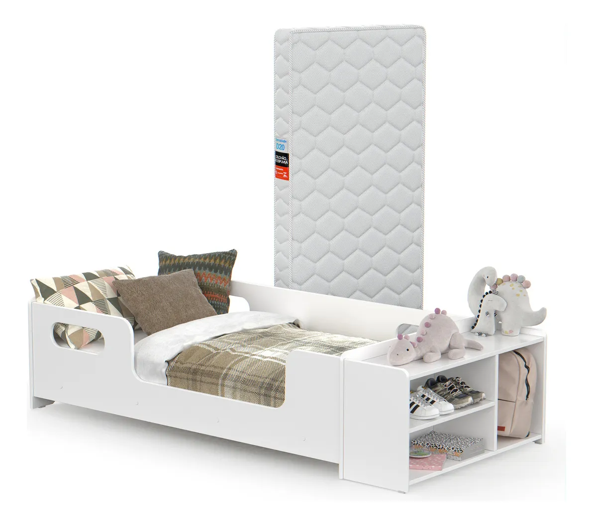 Rofemar Moveis Cama Infantil para quarto de criança com colchão e sapateira cor branco
