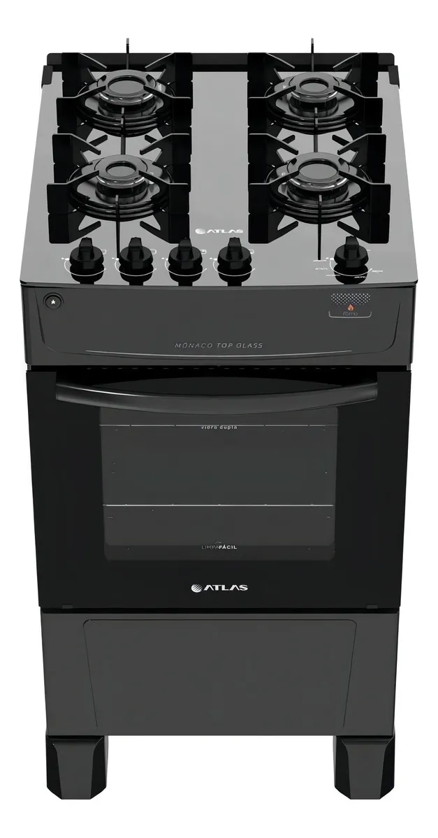 Fogão 4 Bocas À Gás Atlas Mônaco Top Glass Preto Bivolt 110/220V