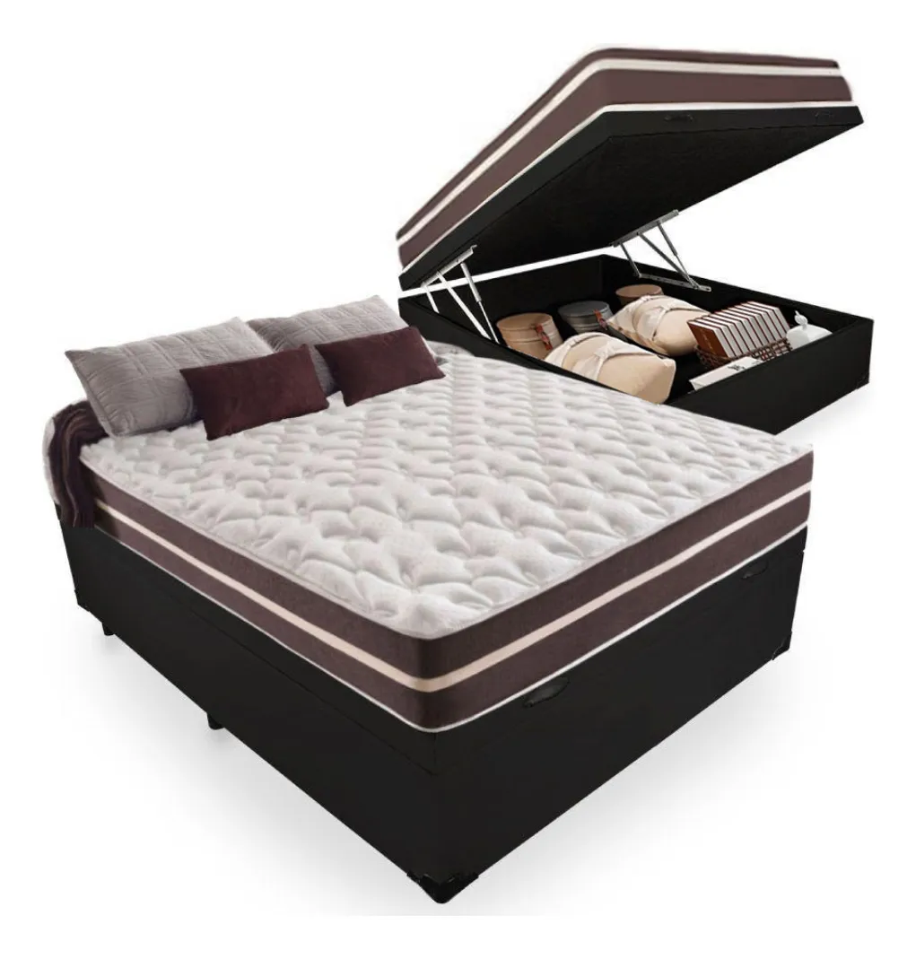 Cama Box Baú Casal + Colchão De Molas Classic Superlastic Cor Preto